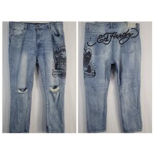 Vintage Ed Hardy Denim Jeans men's sz 40 Blue Black Spellout Distressed Y2K 29"